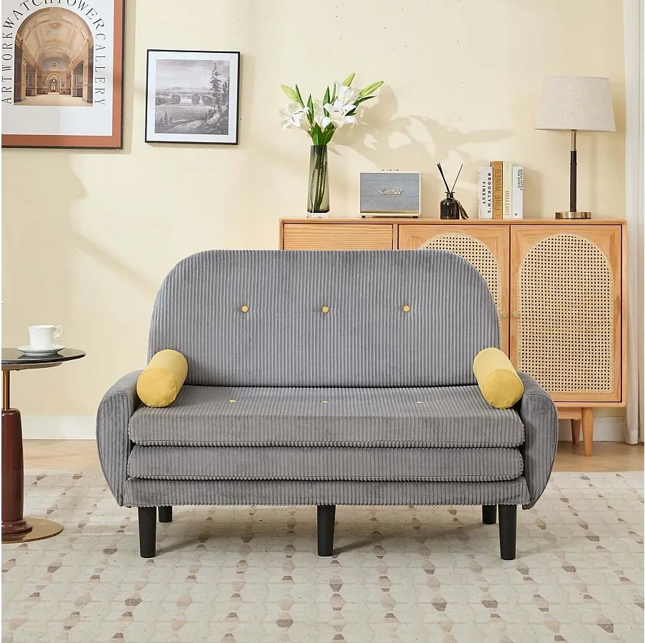 Sofa rozkładana 2-osobowa z szarego sztruksu - przekształcana w łóżko lub szezlong