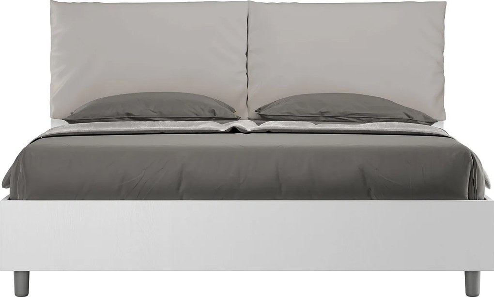 Łóżko podwójne Antea 160x190 cm z pojemnikiem, podwójne podnoszenie, białe drewno jesionowe, poduszki z eco-skóry w kolorze gołębiej szarości