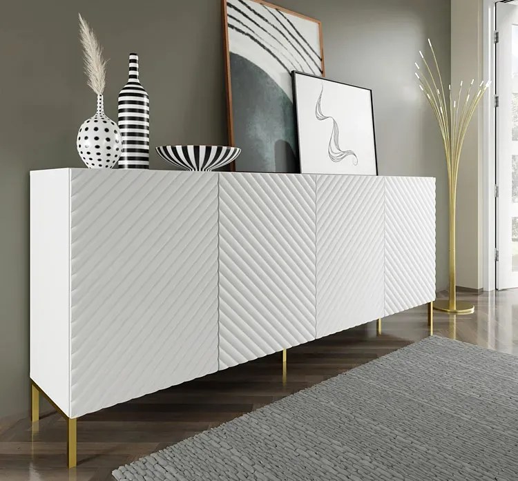 Długa komoda 200 cm biały mat + złote nóżki - Resa 4X