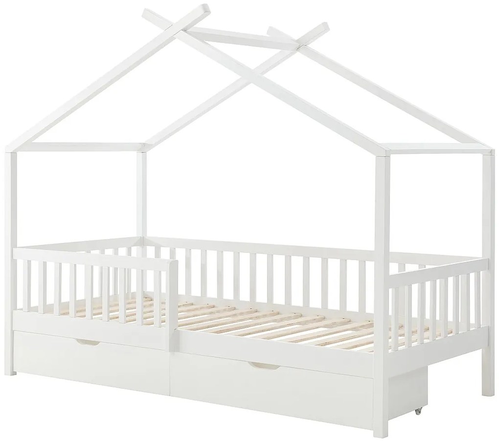 Łóżko domek 90 x 190 cm z szufladami - Drewno sosnowe i MDF - Biały - KIRALIO