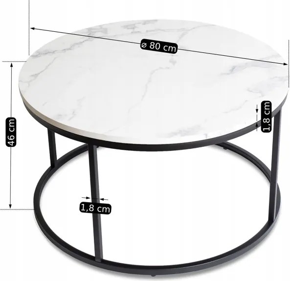 Stolik Kawowy CONNY MAX 80 cm Biały Marmur/Czarny Nowoczesny Glamour