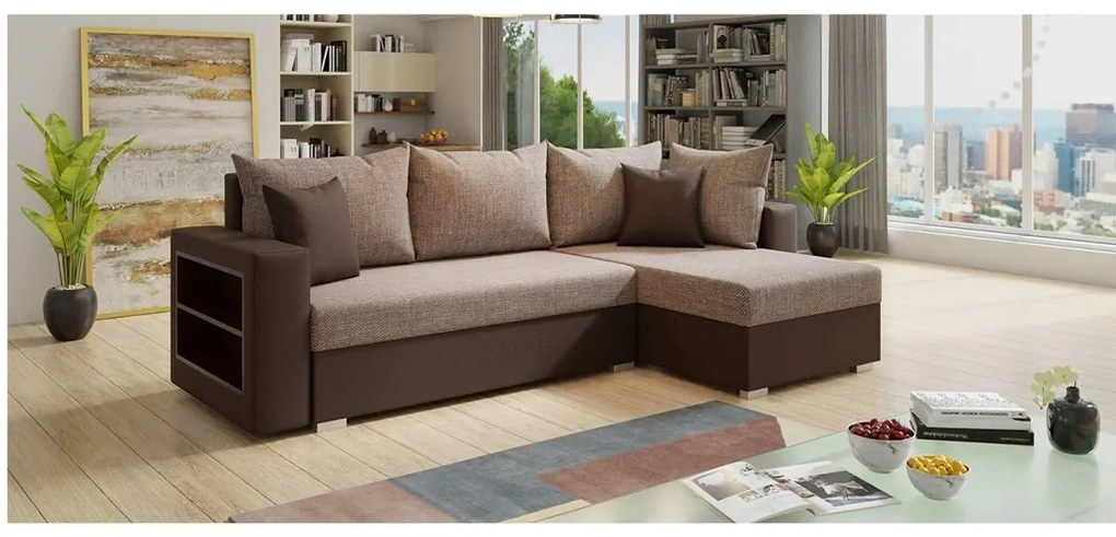 Sofa narożna KONGO, uniwersalny mebel z funkcją spania i praktyczną półką