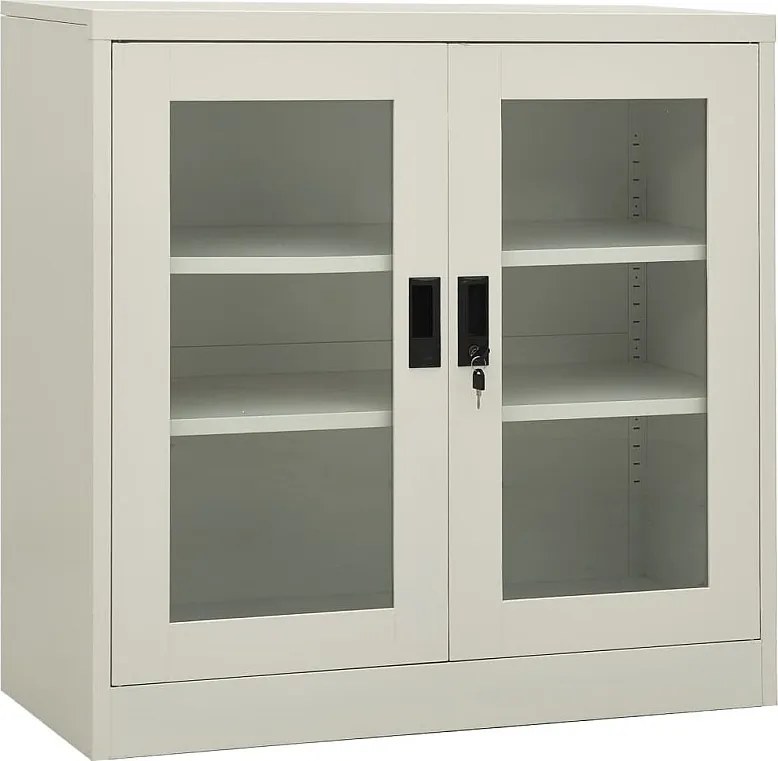 Jasnoszara szafa biurowa 90x40x90 cm ze stali z drzwiami z hartowanego szkła, 2 regulowanymi półkami i zamkiem zabezpieczającym