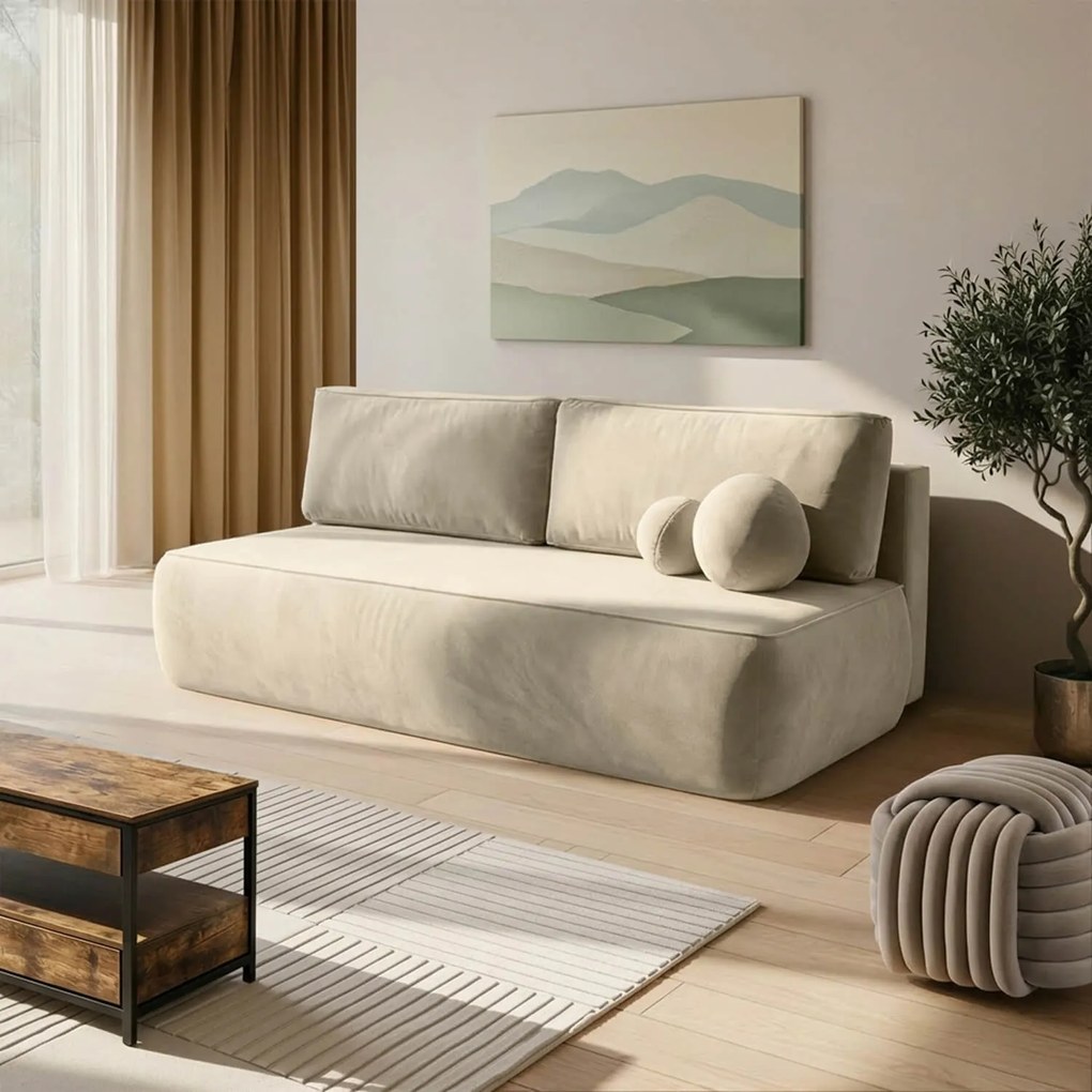 Sofa z Funkcją Spania ARVETO Kremowa Welurowa Nowoczesna