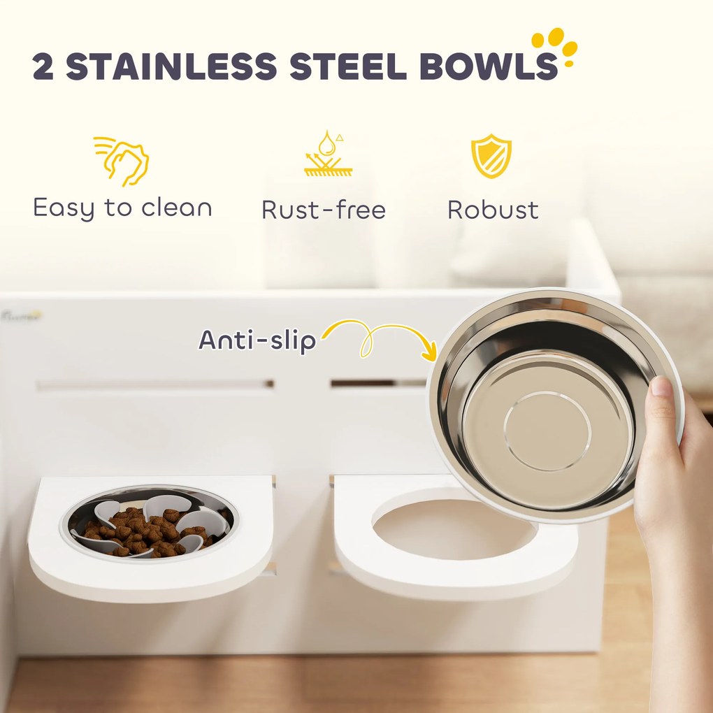 PawHut Stelaż na miskę dla psów, regulowane miski z oddzielnym designem, 2 miski ze stali nierdzewnej, mata przeciw połykaniu, Biały