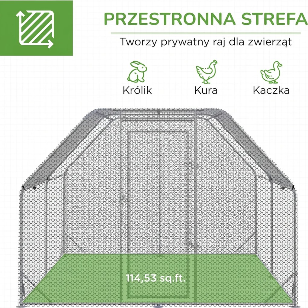 PawHut Kurnik Kurnik Woliera, z możliwością wejścia, zamknięte drzwi, na 10-12 kur, 280 cm x 380 cm x 195 cm, Szary