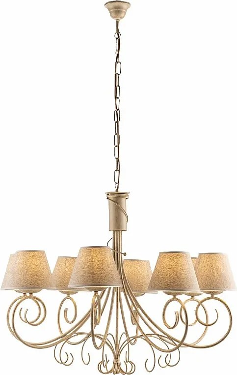 Żyrandol Wiedeń z lakierowanego żelaza w kolorze kości słoniowej, dekor stare złoto, abażury PVC z efektem juty Ø13 cm, 8 świateł, Ø78 cm