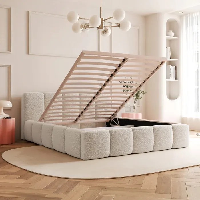 Łóżko Tapicerowane 160x200 cm VELMO z Pojemnikiem Beżowe Boucle Japandi
