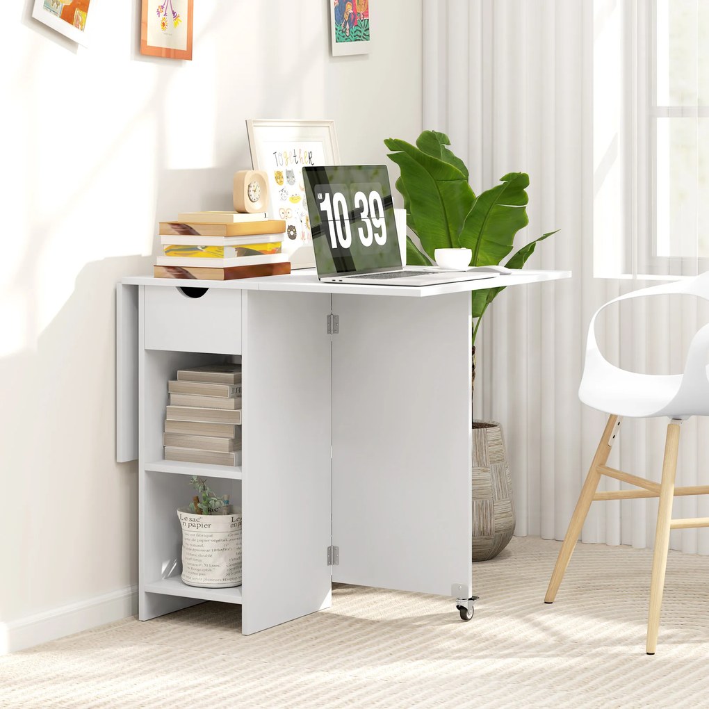 HOMCOM Składany Stół dla 2-4 osób, Składany Stół Kuchenny z Przesrzenią do Przechowywania, Rozkładany na Kołach, Biały