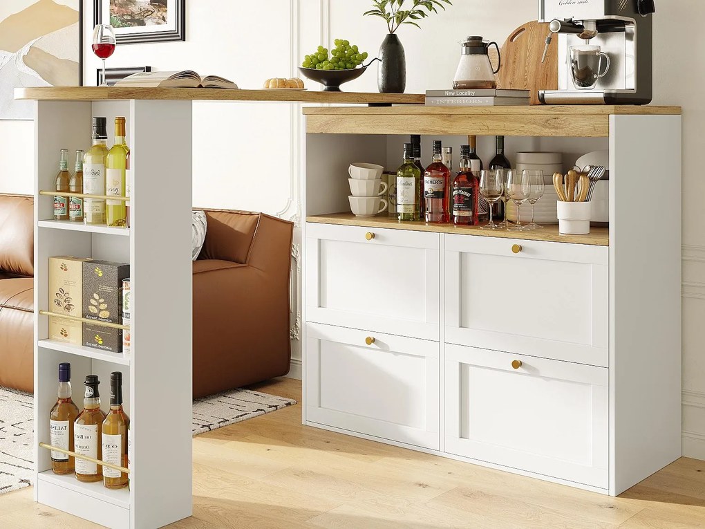 Buffet, Obrotowy i chowany mebel barowy - 4 szuflady i 4 przegródki - Biały