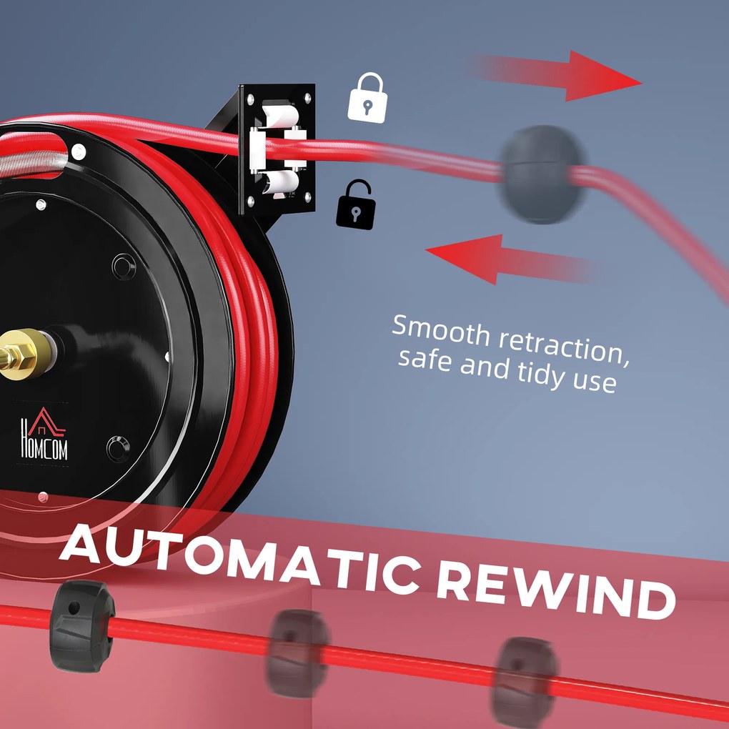 HOMCOM Bęben na wąż ogrodowy montowany na ścianie, automatyczne zwijanie, 20 bar ciśnienia wody, 15+1 m wąż wodny, metalowy
