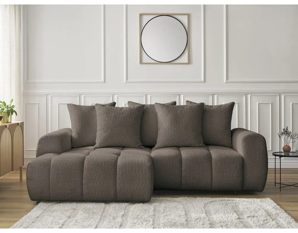 Brązowy rozkładany/ze schowkiem narożnik z materiału bouclé (lewostronny/z szezlongiem) Roxelane – Bobochic Paris