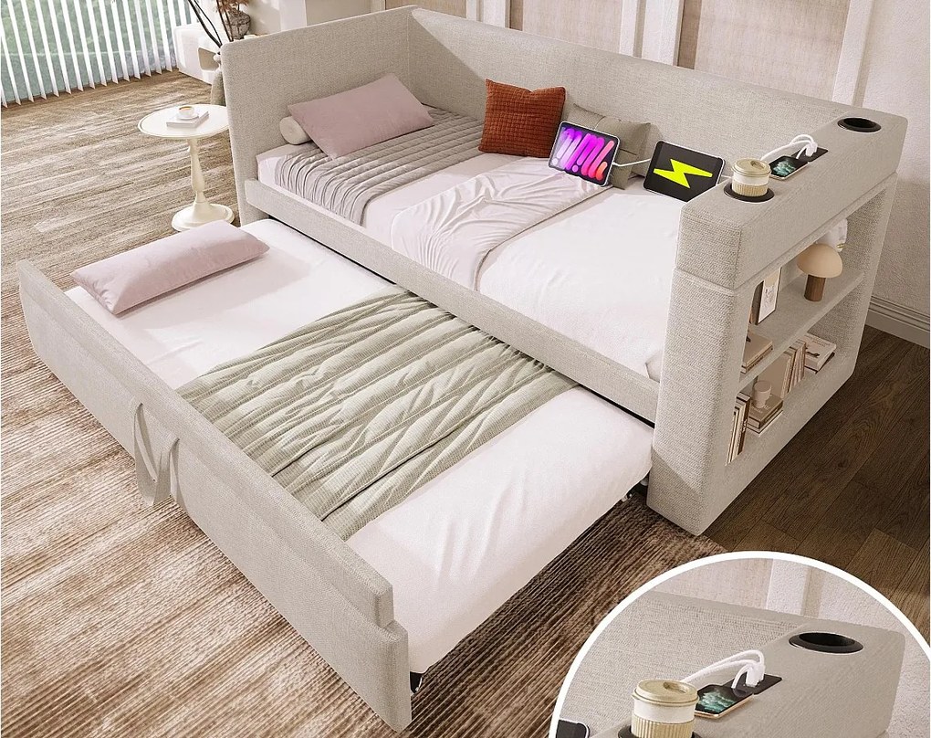 Tapicerowana sofa 90x190 cm - z łóżkiem wysuwanym 90x190 cm - z portami USB i Type-C - z uchwytem na kubek - Beżowy (bez materaca)