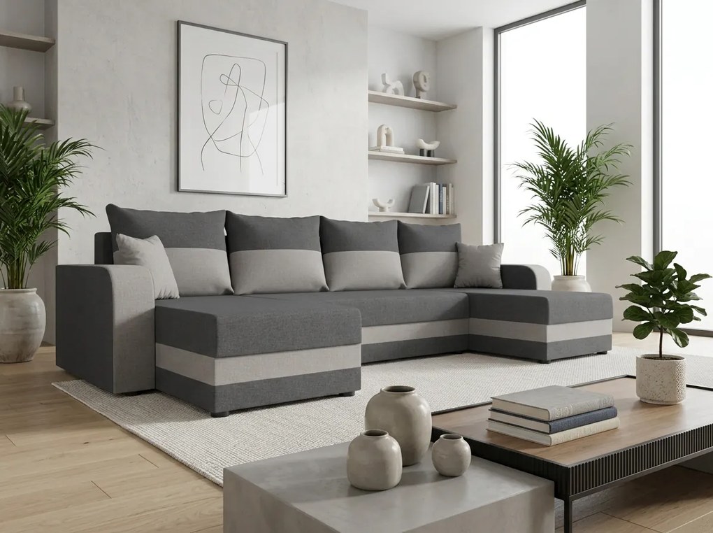 Rozkładana sofa narożna w kształcie U VALERIO 305x140 cm, ciemnoszara/jasnoszara