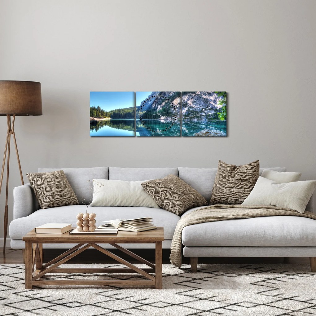 Obraz wysokogórskiego jeziora (z zegarem) (90x30 cm)