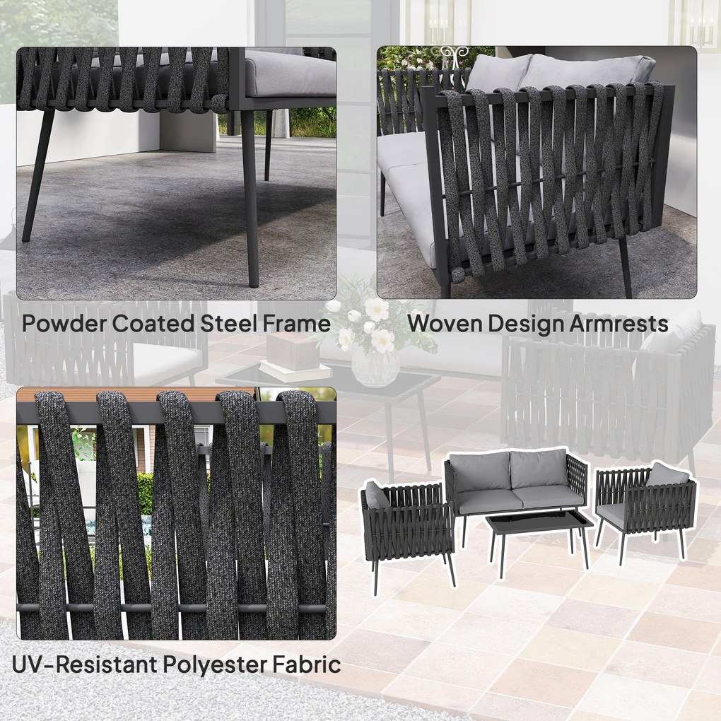 Outsunny Zestaw mebli ogrodowych dla 4 osób, odporny na warunki atmosferyczne, zestaw balkonowy z sofą dwuosobową, fotelami, stolikiem i poduszkami, Jasnoszary