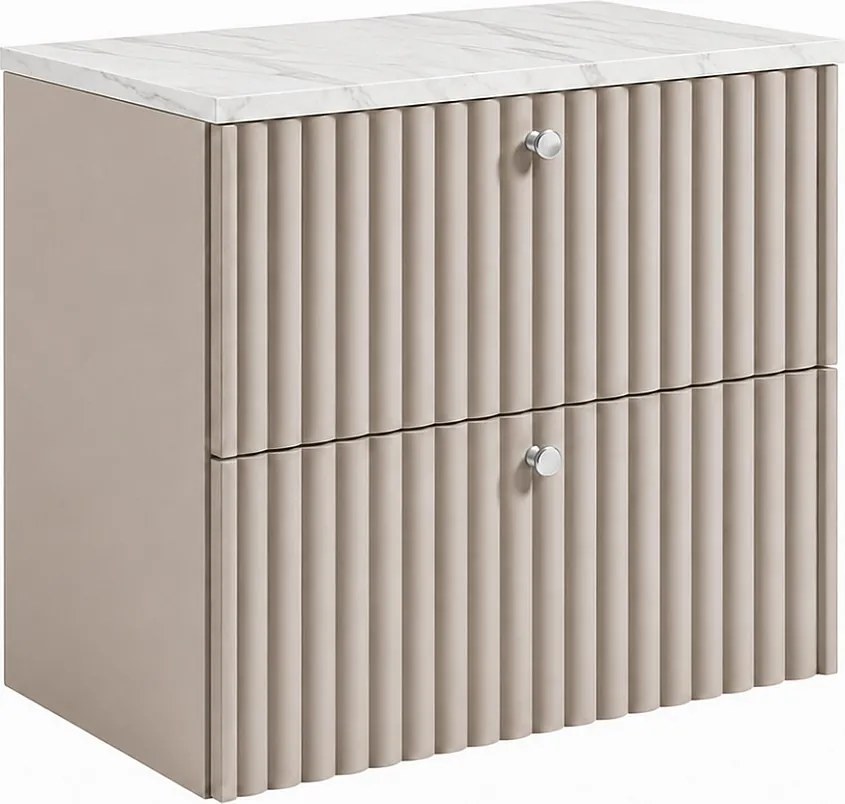 Szafka łazienkowa wisząca z blatem 60, kaszmir + blat z efektem marmuru Bianco, uchwyty w trzech kolorach, 60 x 44,4 x 58,6 cm