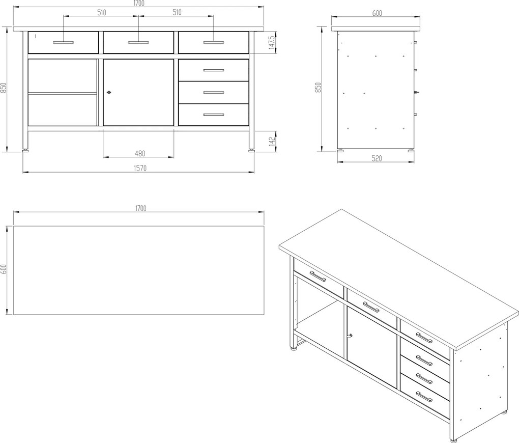 Duży stół garażowy z szafkami i szufladami Henry All Black czarny