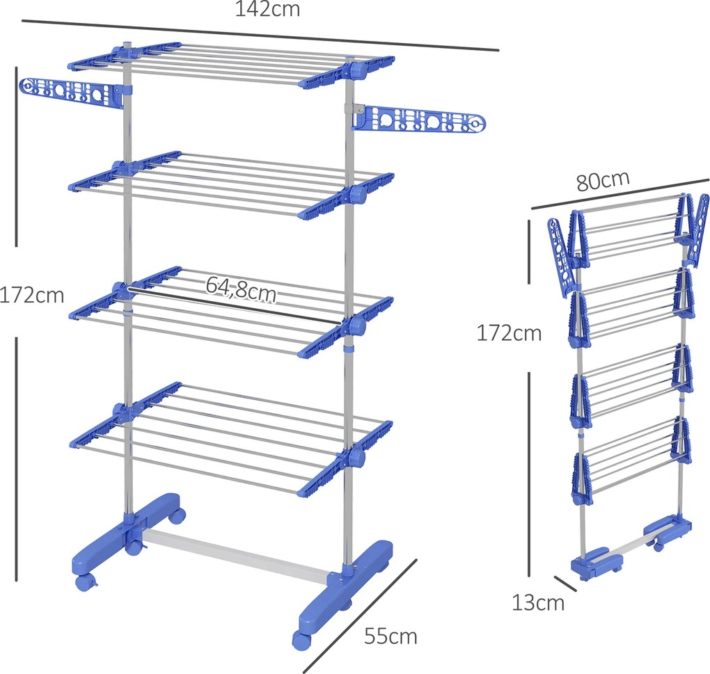 HOMCOM Wieszak na ubrania Suszarka do ubrań 5 poziomów, składany, system One-Klick, 142 cm x 55 cm x 172 cm, Niebieski + Srebrny