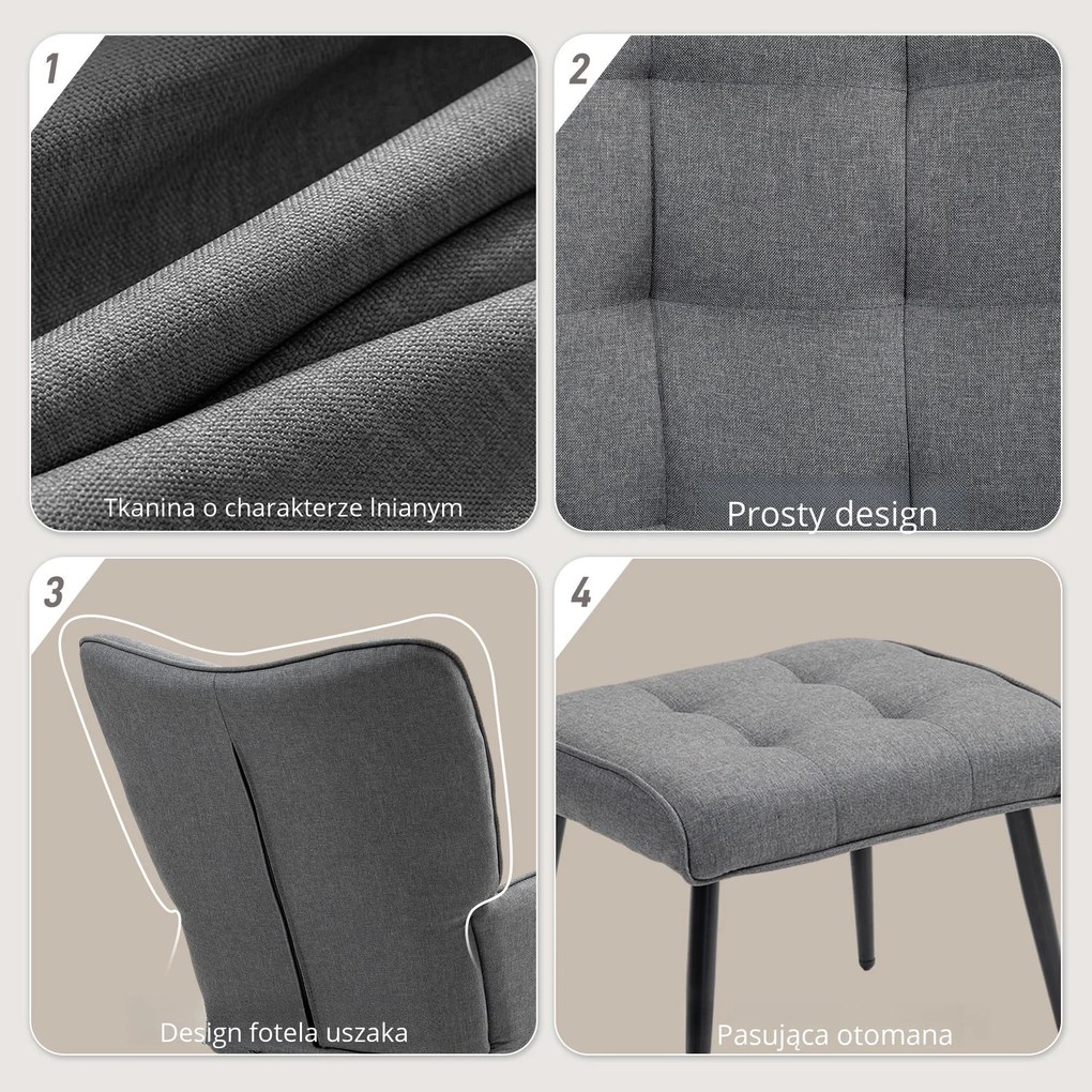 HOMCOM Fotel Bujany z Podnóżkiem, Komfortowy, do 130 kg, Wygląd Lnu, 64x89x90cm, Ciemnoszary