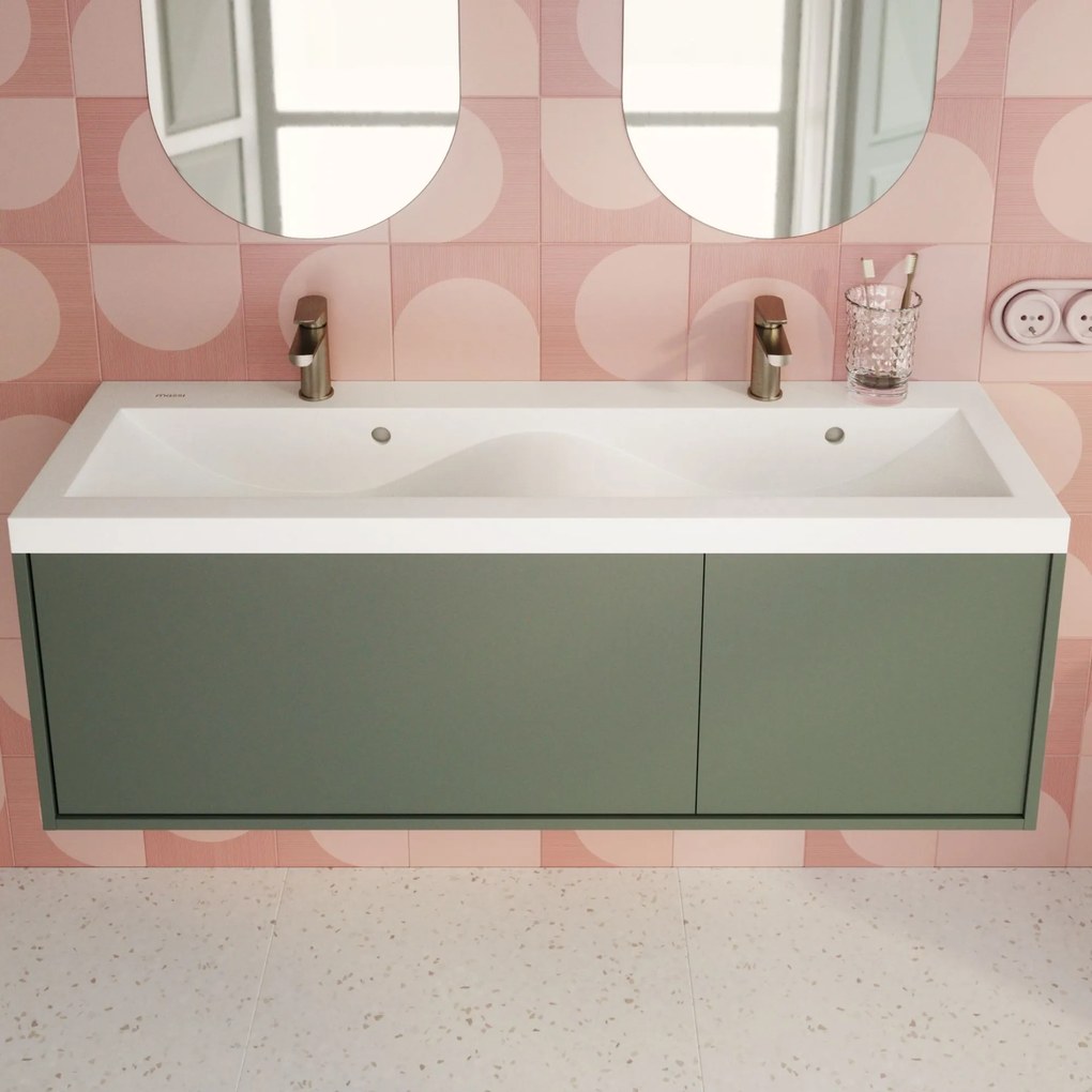 Umywalka wpuszczana w blat biała błyszcząca z konglomeratu WAVE DUO 120 cm