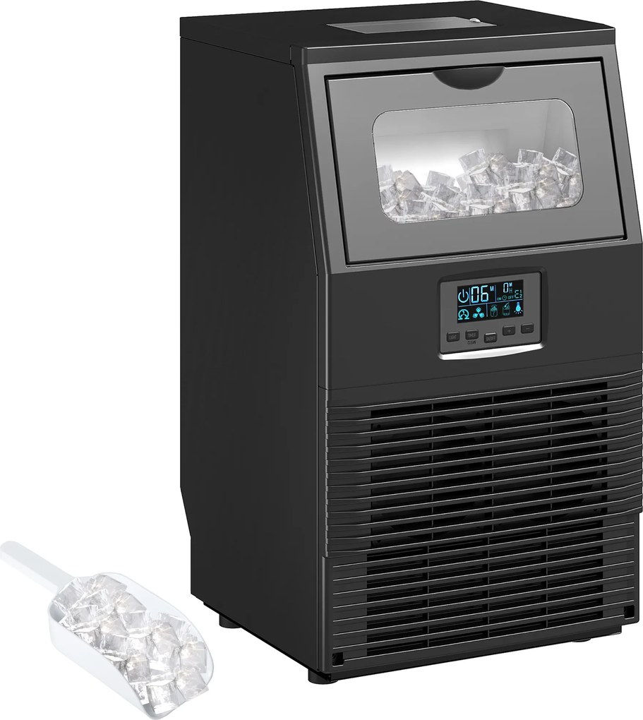 HOMCOM Komercyjna kostkarka do lodu 30 kg/24H wolnostojąca z 4 kg pojemnikiem, funkcją samoczyszczenia, timerem, stal, czarna | Aosom PL