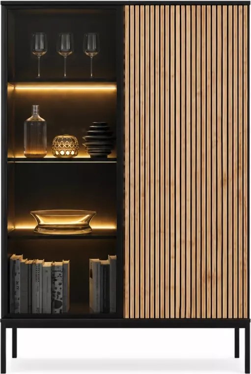 Witryna Shark 104x166 cm LED push to open MDF szkło hartowane stal kaszmir, czarny/dąb wotan