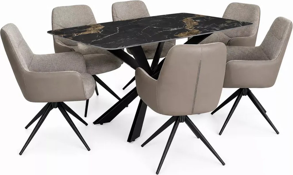 Luksusowy stół z nowoczesną czarną metalową podstawą i ceramicznym blatem imitacja granitu