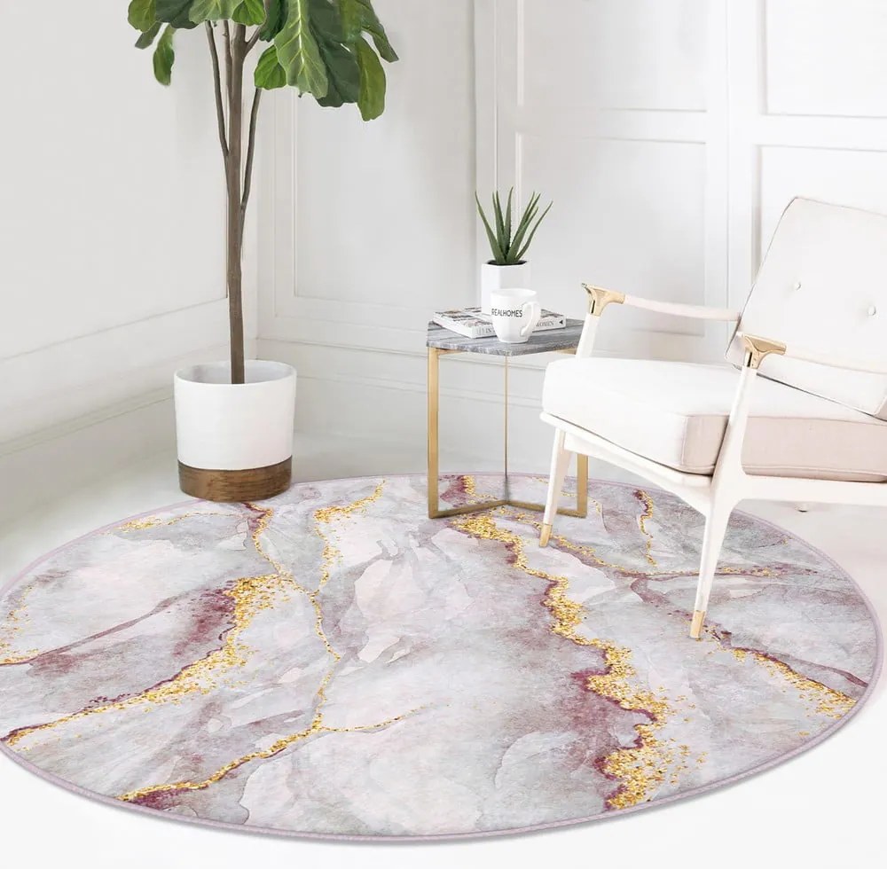 Jasnoróżowy/w kolorze złota okrągły dywan odpowiedni do prania ø 120 cm Marble – Mila Home