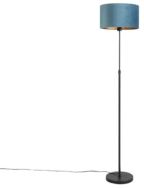 Lampa stojąca czarna z niebieskim aksamitnym abażurem ze złotem 35 cm - ParteWiejski/ Rustykalny / Vintage Oswietlenie wewnetrzne