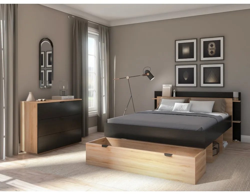 Czarno-naturalne łóżko dwuosobowe w dekorze dębu ze schowkiem bez stelaża 140x190 cm Albo – Marckeric