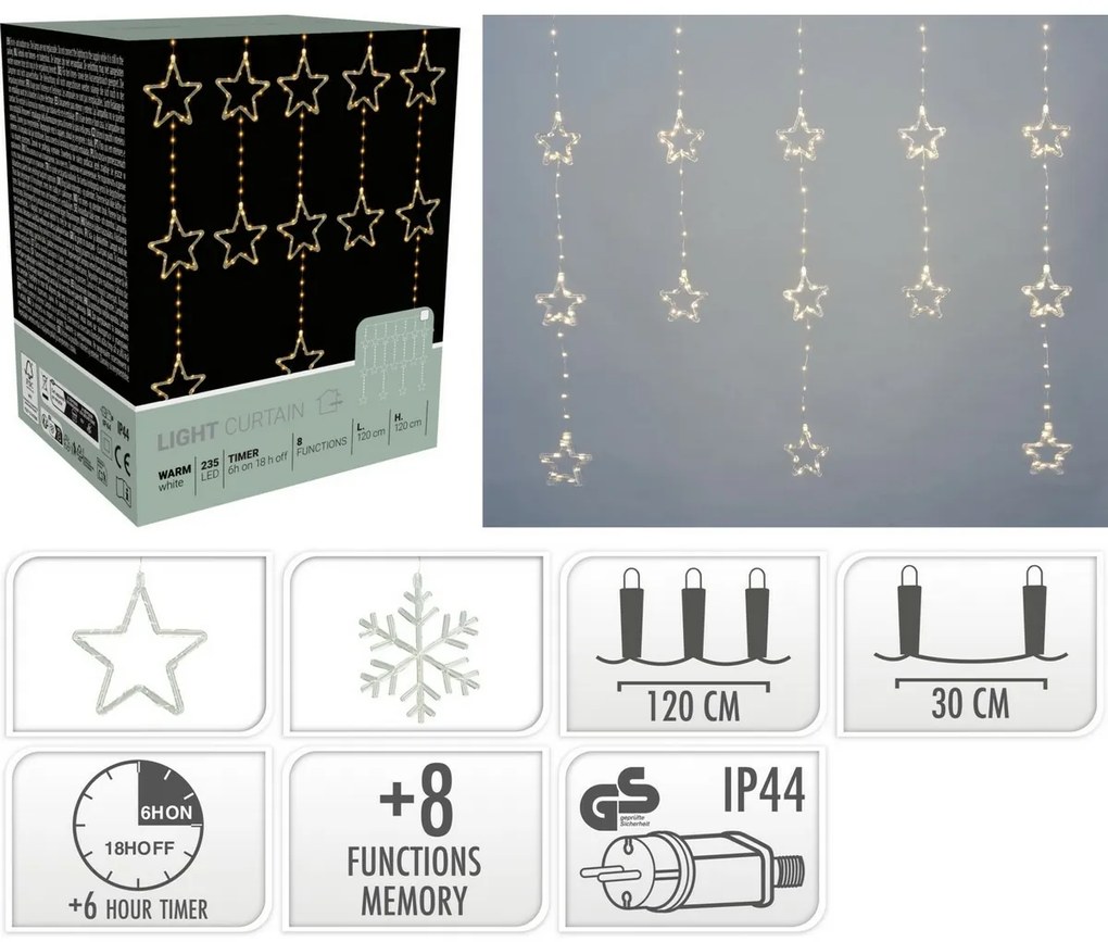 Kurtyna świetlna zewnętrzna Snowflakes, 120x120cm, LED ciepła biała, timer, 8 funkcji, 120 cm