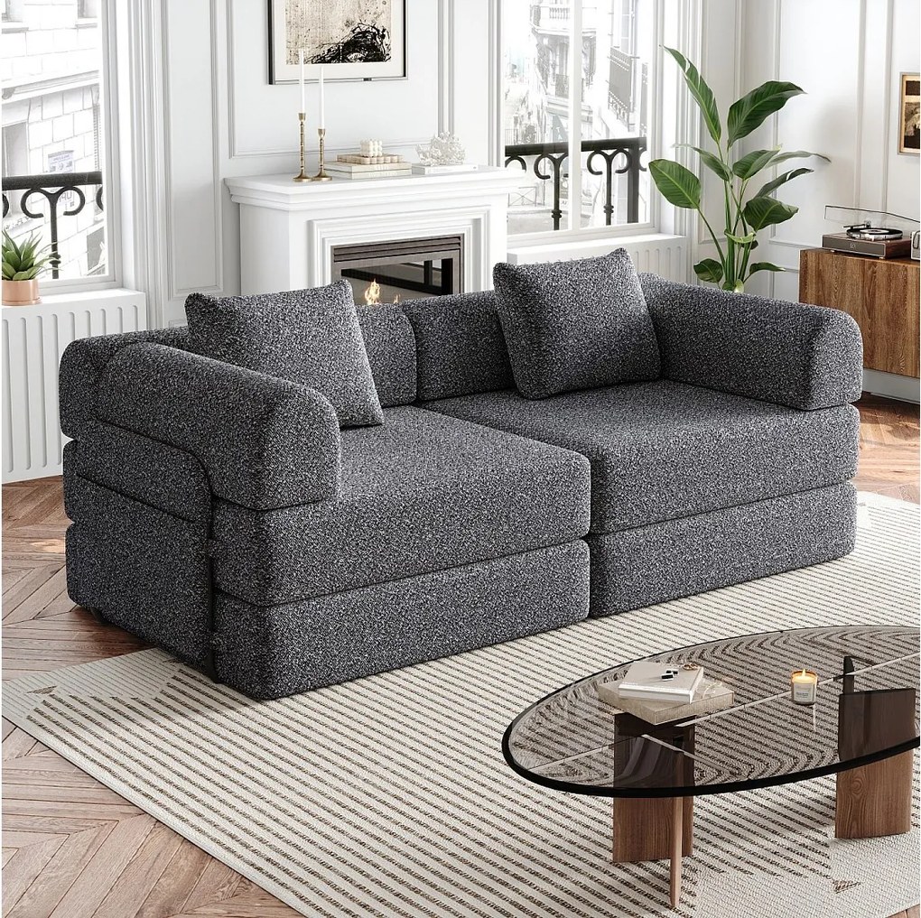 Sofa 2-osobowa, Sofa rozkładana z podłokietnikami i kieszeniami bocznymi, metalowa rama - Szary szenil