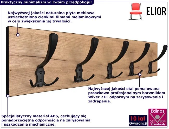 Ścienny Wieszak Czarny Drewniany Na Ubrania Dąb Craft + K9-T98