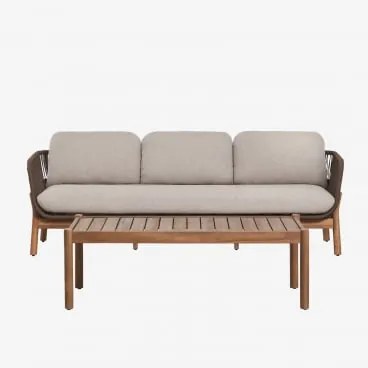 Zestaw Ogrodowy Z 3-osobową Sofą I Prostokątnym Stolikiem Kawowym 120x60 Cm Z Drewna Akacjowego I Plecionej Liny Karvia Akacja Brąz & Tkanina W Kolorz