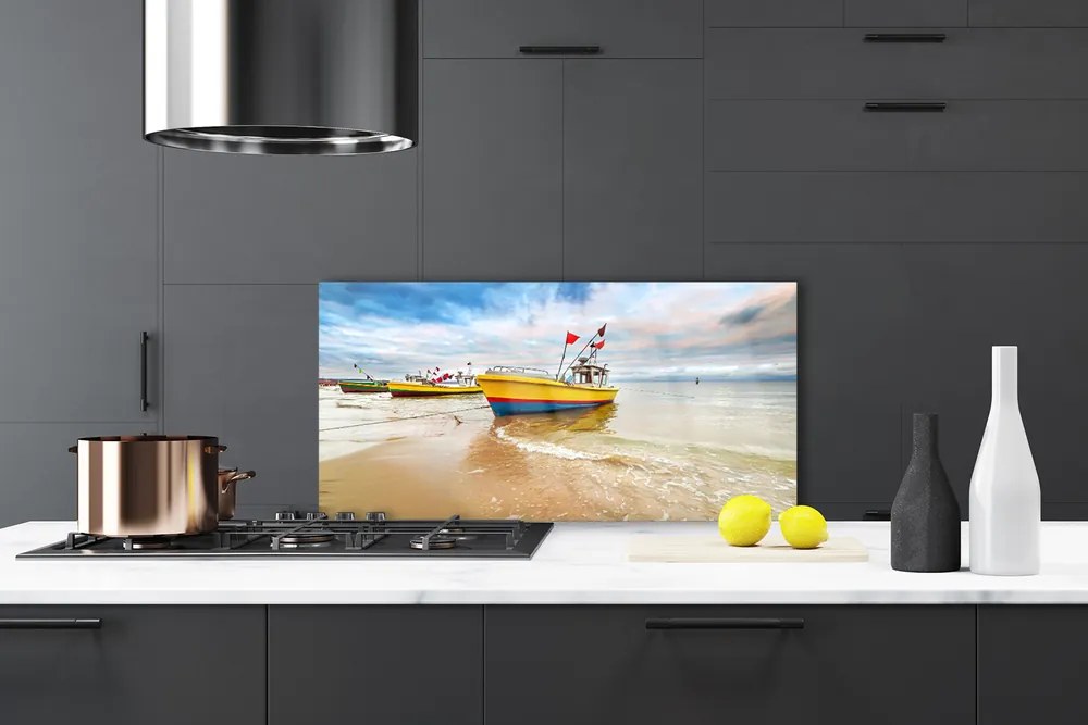 Panel Szklany do Kuchni Kolorowe Łodzie Na Brzegu