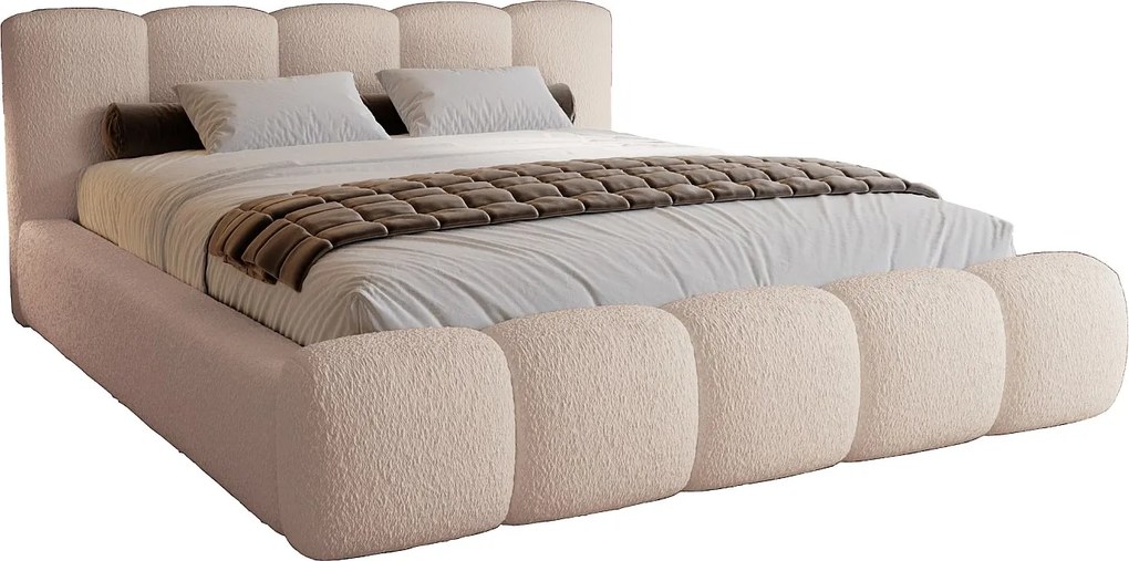 Łóżko tapicerowane 200x200 cm Ravello - łóżko z pojemnikiem, stelaż metalowy - tkanina boucle beżowy (Lambi 6)