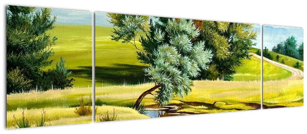 Obraz - rzeka między łąkami, obraz olejny (170x50 cm)