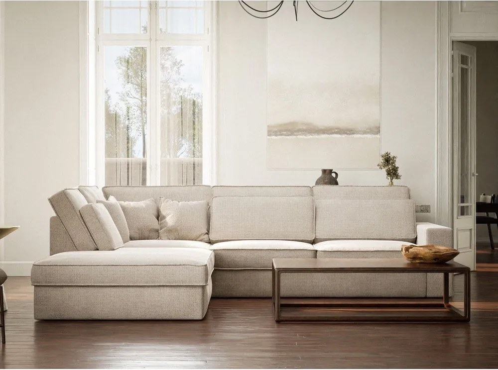 Kremowy narożnik z tkaniny szenilowej (lewostronny/w kształcie litery L) Kirou – Maison de Rêve