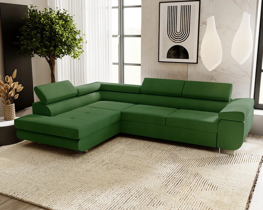 Emporius Sorlo narożnik z funkcją spania i pojemnikiem - regulowane zagłówki, lewostronny, tkanina aksamitna, zielony (Amor Velvet 4311)