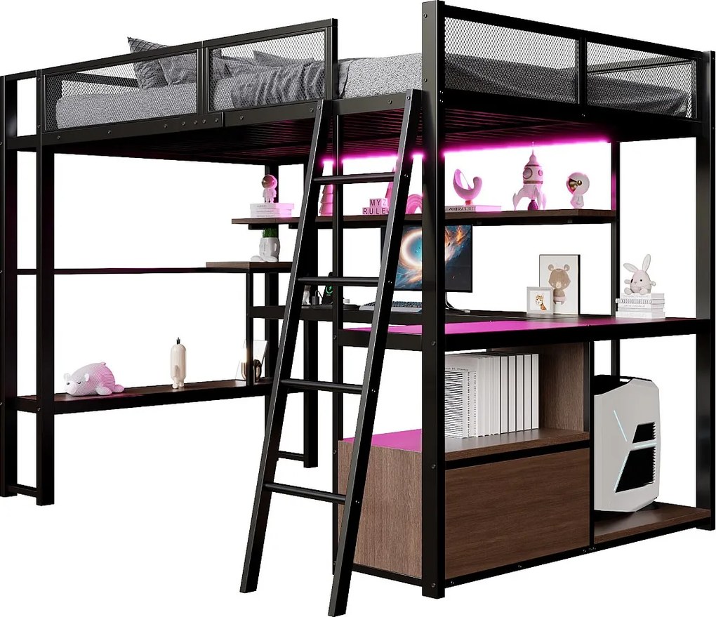 Łóżko piętrowe metalowe dla dzieci - 140 x 200 cm - ze zintegrowanym biurkiem + oświetlenie LED + schowek - czarne