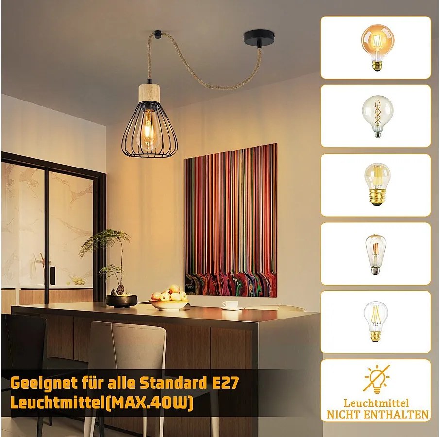 NETTLIFE Lampa wisząca do jadalni Czarny metalowy stół jadalny 1 płomień Retro Industrial Drewno Lina konopna E27