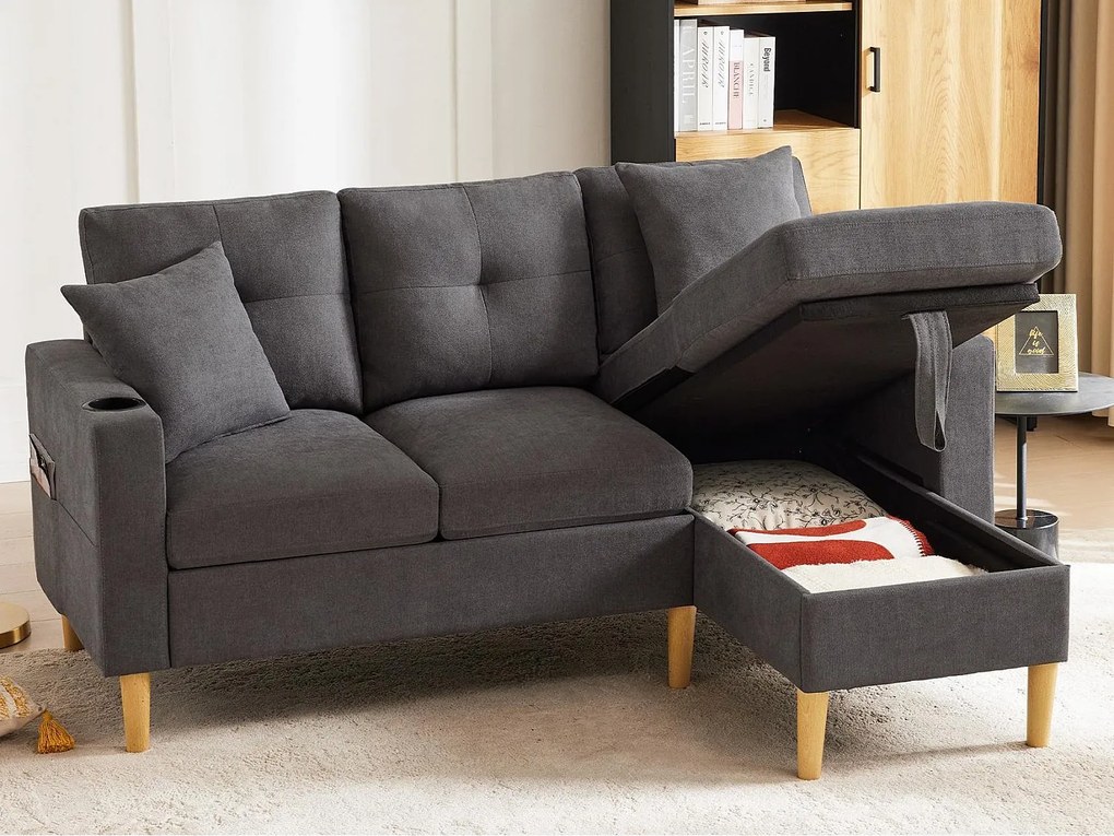 Nowoczesna sofa 3-osobowa w kształcie litery L - z 2 uchwytami na kubki - 2 poduszki - z przechowywaniem - ciemnoszary