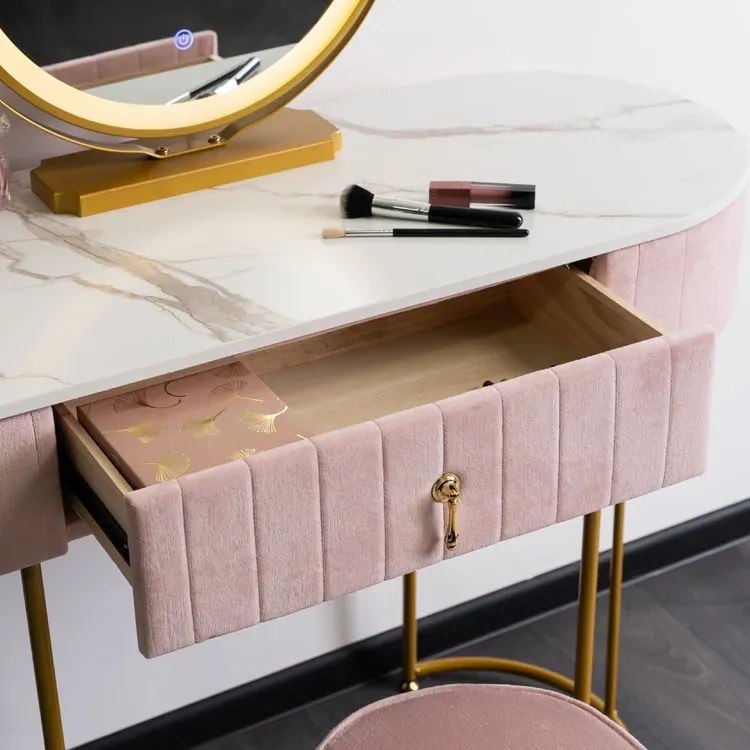 Różowa toaletka z pufą i lustrem glamour - Erton 3X