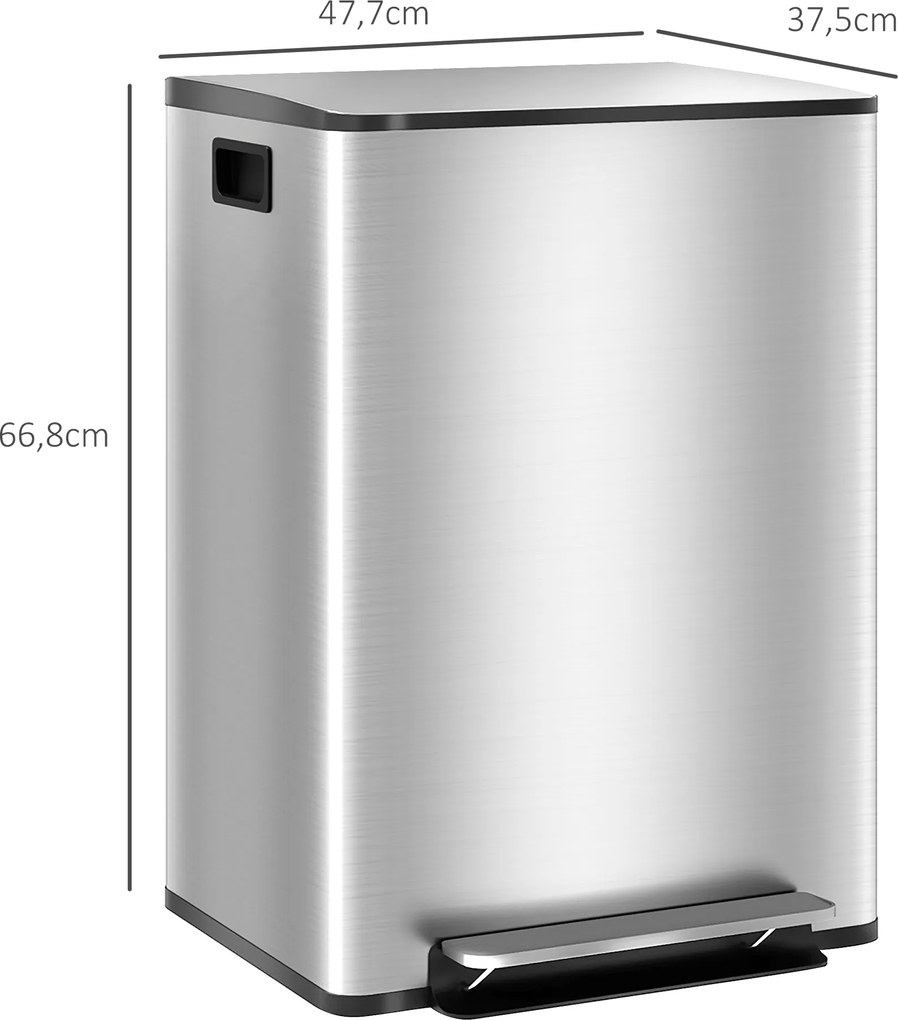 HOMCOM Kosz na śmieci z 2x30 l komorami, pokrywa Soft-Close, odporny na odciski, stal nierdzewna, srebrny | Aosom PL