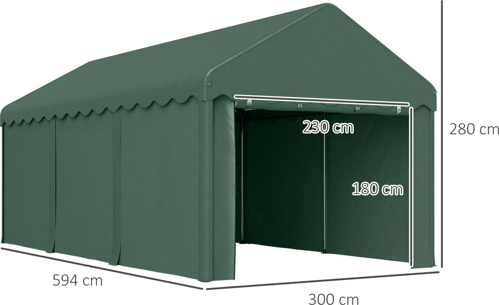 Outsunny Przenośny Carport 3x6 m, Schronienie dla pojazdów z 2 Wejściami, Dachem z Poliestru, dla Samochodów, Łodzi, Narzędzi Ogrodowych, Ciemnozielony