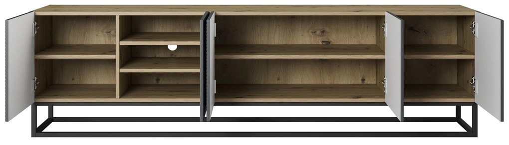 Szafka RTV Asha 200 cm z ryflowanym frontem i metalowym, czarnym stelażem - artisan / rivier stone mat