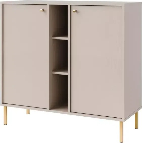 Komoda Daily 2F II – nowoczesna komoda z dwoma frontami i trzema otwartymi półkami dostępna w kolorach beż, eukaliptus i czarny