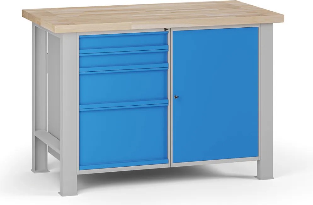 Stół warsztatowy G7, blat bukowy, 1200 x 685 x 840 mm, 1x szafka, 4x szuflada, niebieski