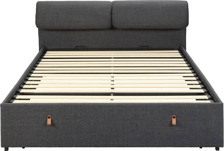 Ciemnoszare tapicerowane łóżko dwuosobowe ze schowkiem i stelażem 160x200 cm Calvi – Actona